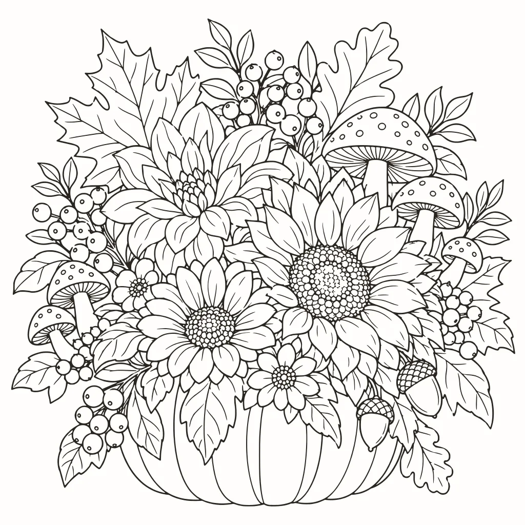 Ausmalbild vom 21. Oktober: Blumen & Gärten, Linienzeichnung zum Ausdrucken