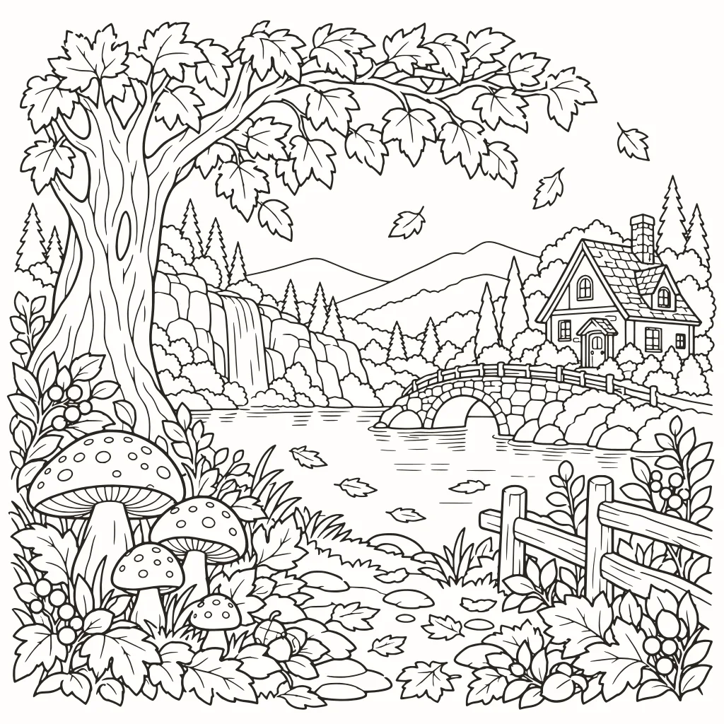 Ausmalbild vom 22. Oktober: Landschaften, Linienzeichnung zum Ausdrucken