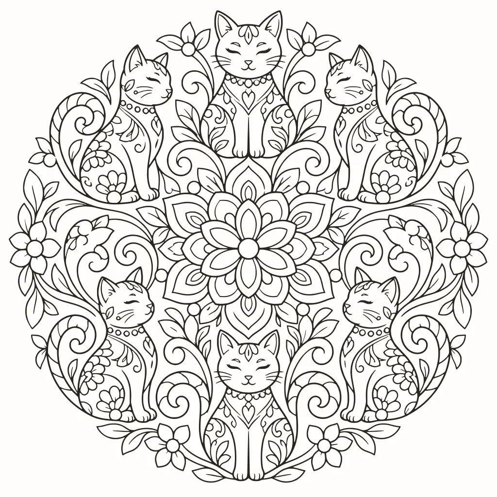 Mandala de gatos para colorear, dibujo de líneas para imprimir