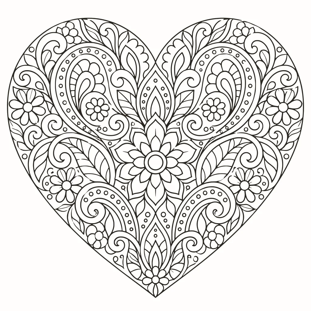 Mandala del corazón para colorear, dibujo de líneas para imprimir