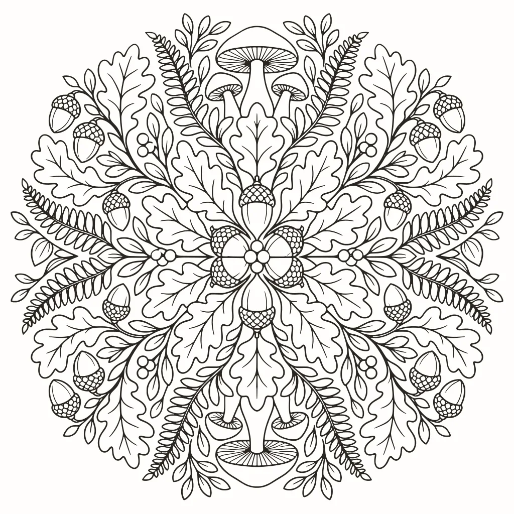 Mandala del bosque para colorear, dibujo de líneas para imprimir