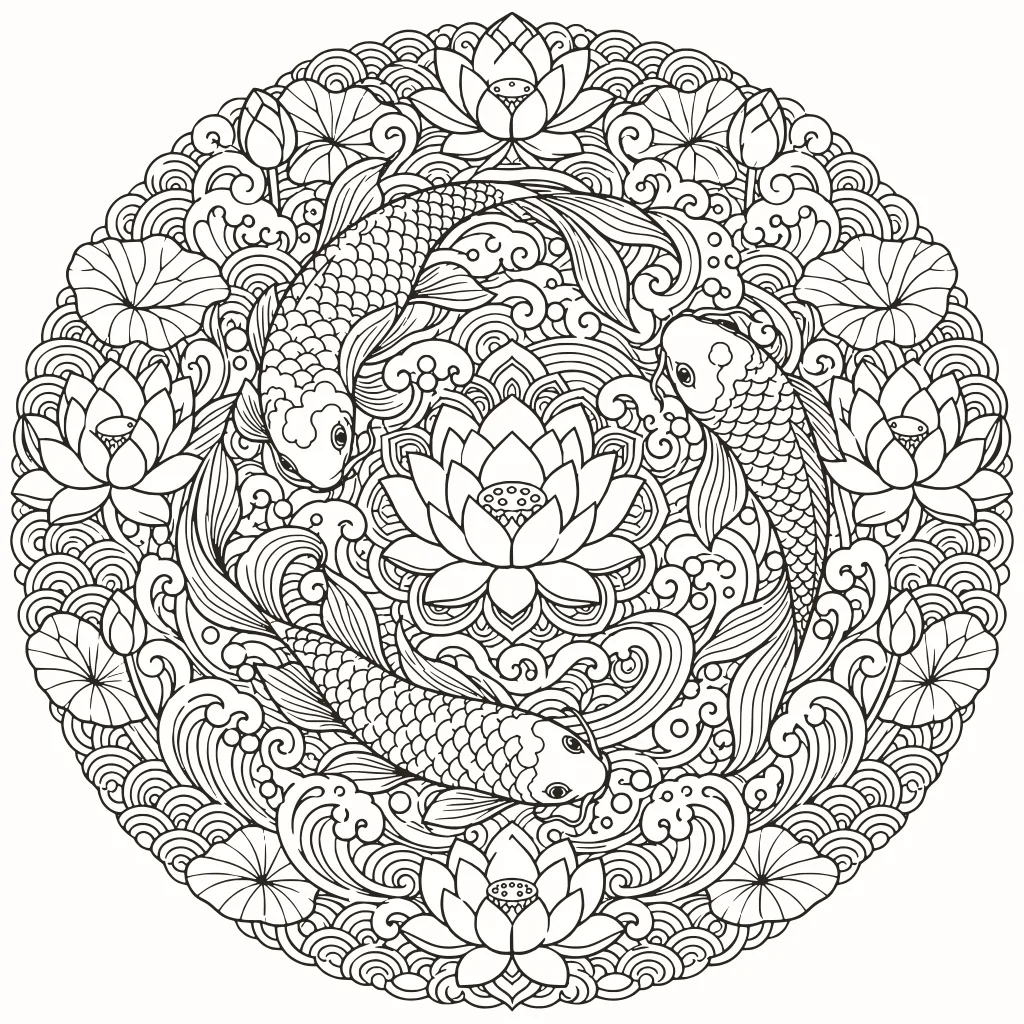 Koi mandala coloring page, line art to print