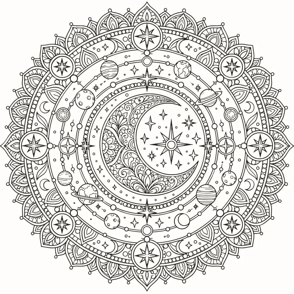 Coloriage mandala de la lune, dessin au trait à imprimer