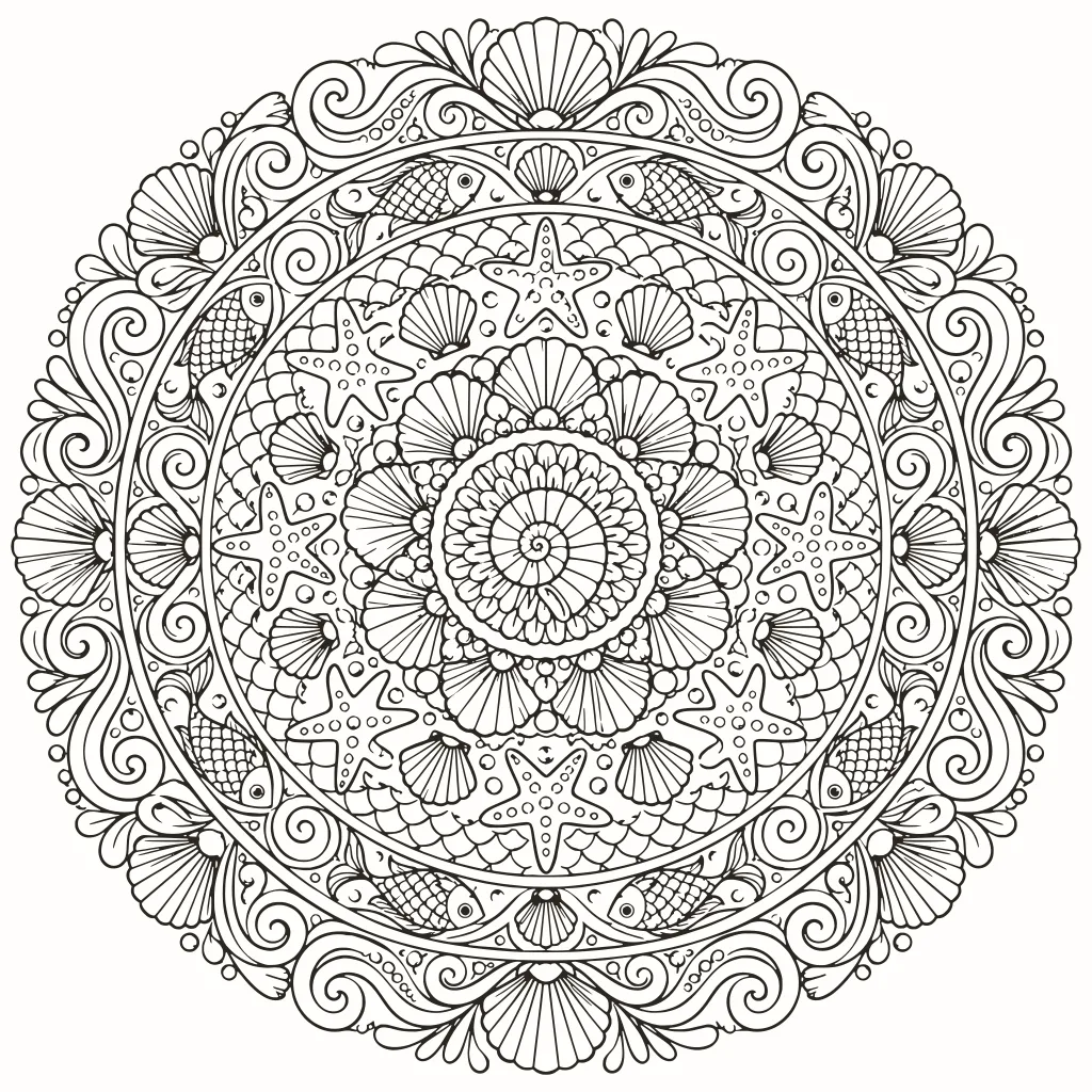 Ocean mandala coloring page, line art to print
