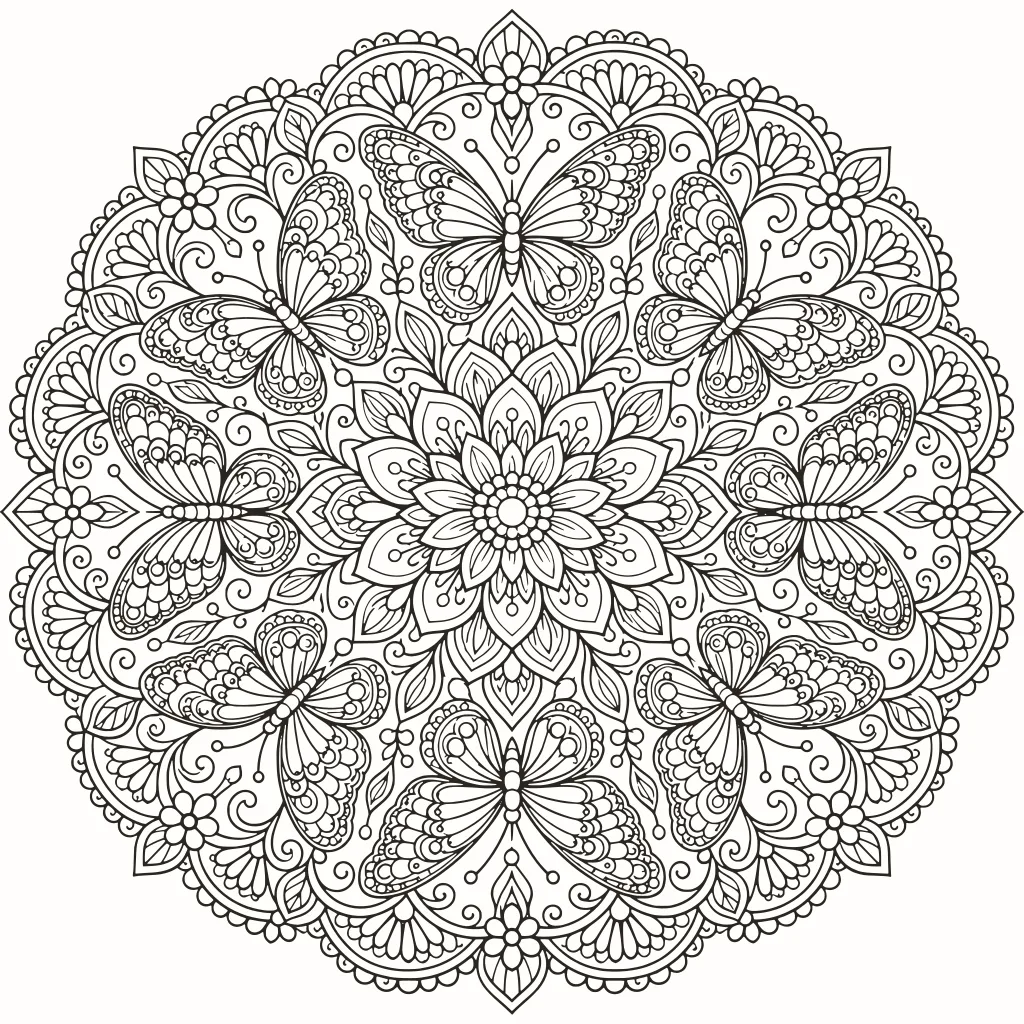Mandala de mariposas para colorear, dibujo de líneas para imprimir