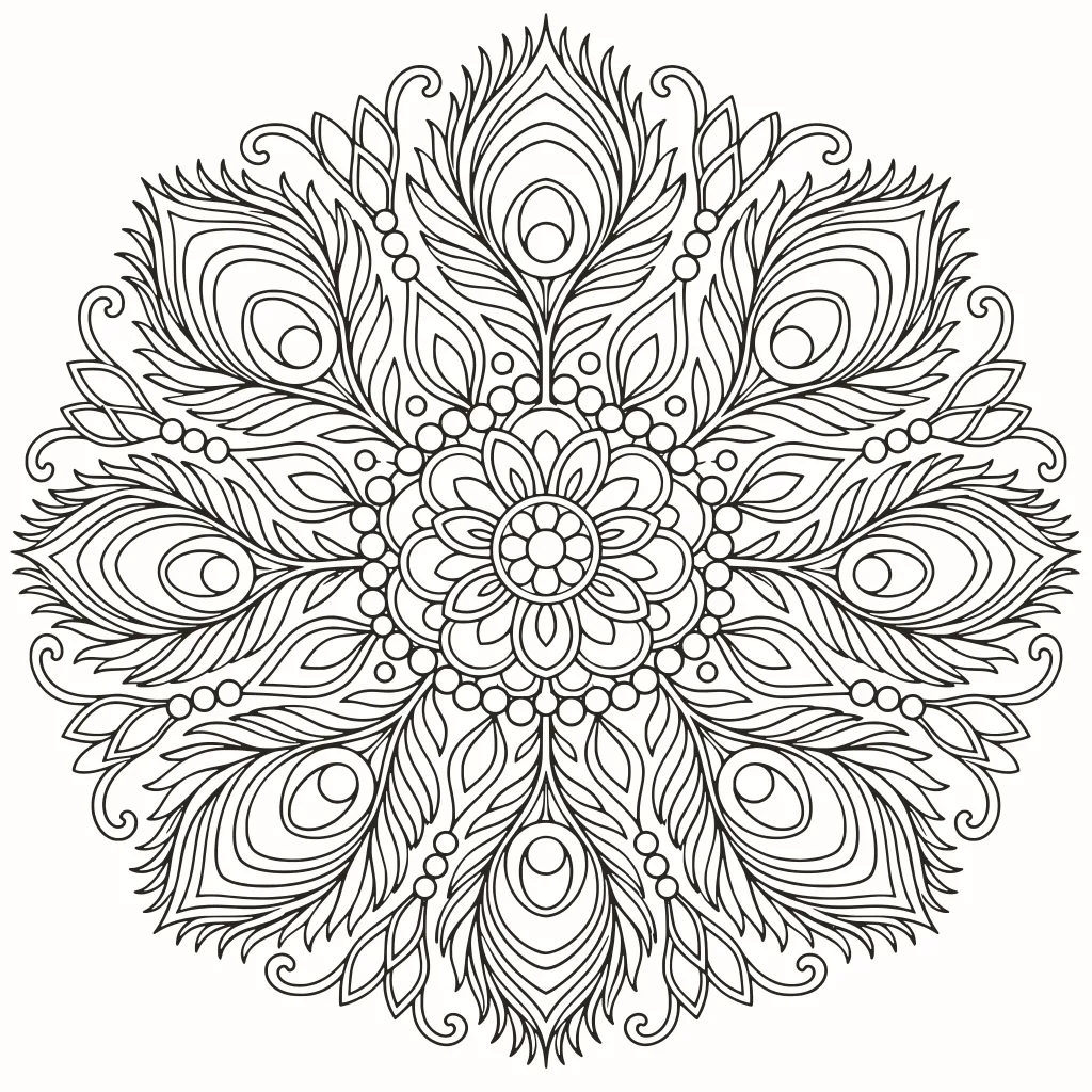Rueda de plumas para colorear, dibujo de líneas para imprimir