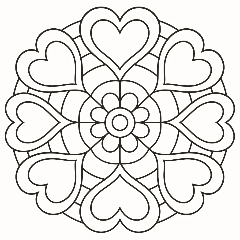 Heart rosette coloring page, line art to print