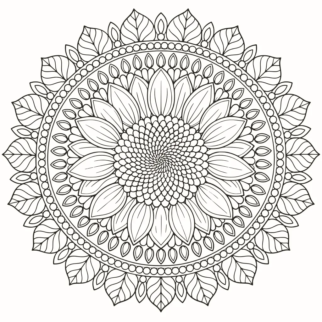 Ausmalbild Sonnenblumen-Mandala, Linienzeichnung zum Ausdrucken