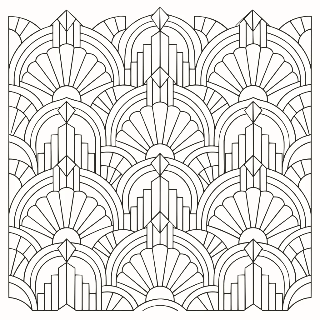 Abanicos art déco para colorear, dibujo de líneas para imprimir