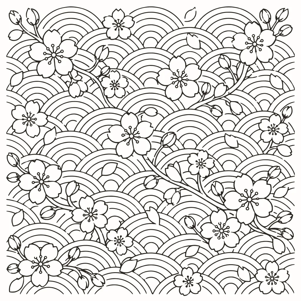 Coloriage vagues japonaises, dessin au trait à imprimer