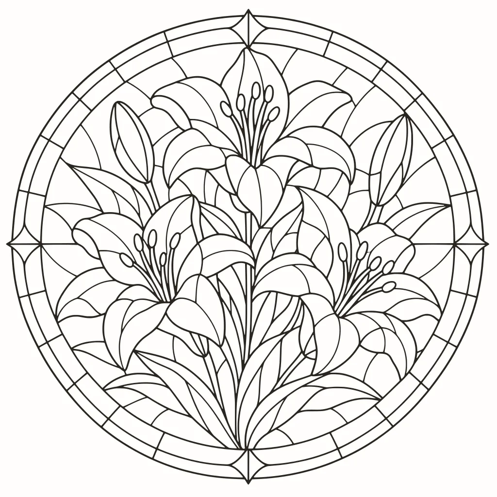 Ausmalbild Blumen-Buntglasfenster, Linienzeichnung zum Ausdrucken