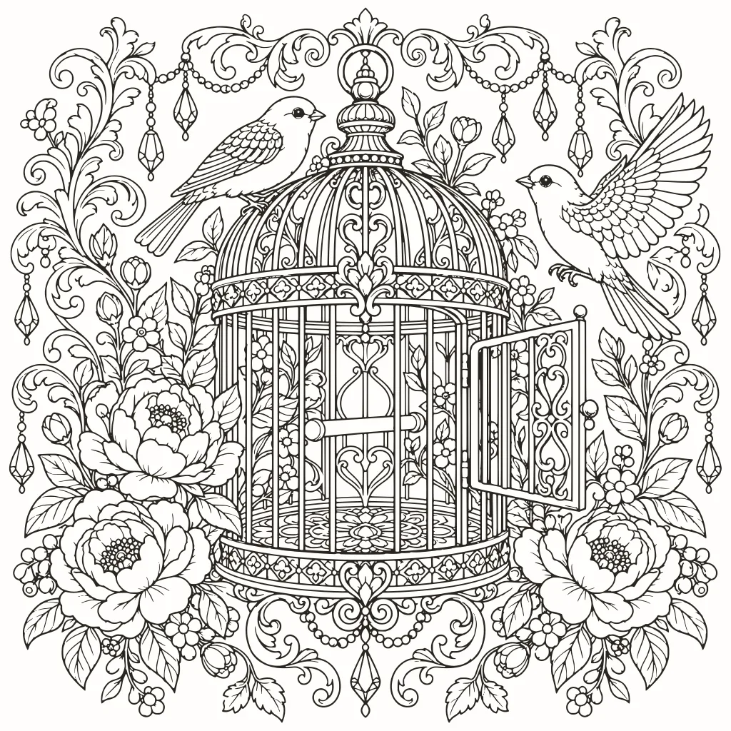Coloriage cage aux oiseaux, dessin au trait à imprimer