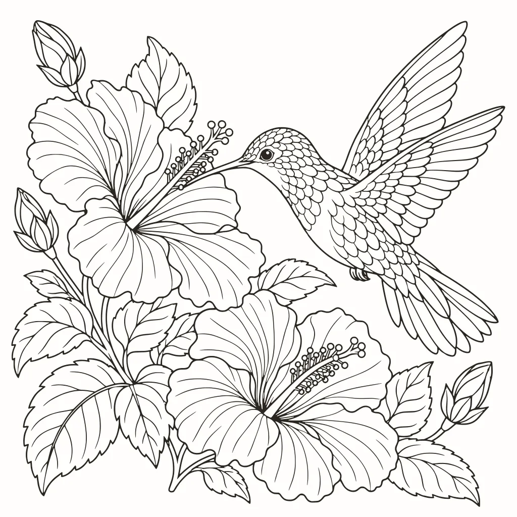 Ausmalbild Kolibri und Hibiskus, Linienzeichnung zum Ausdrucken