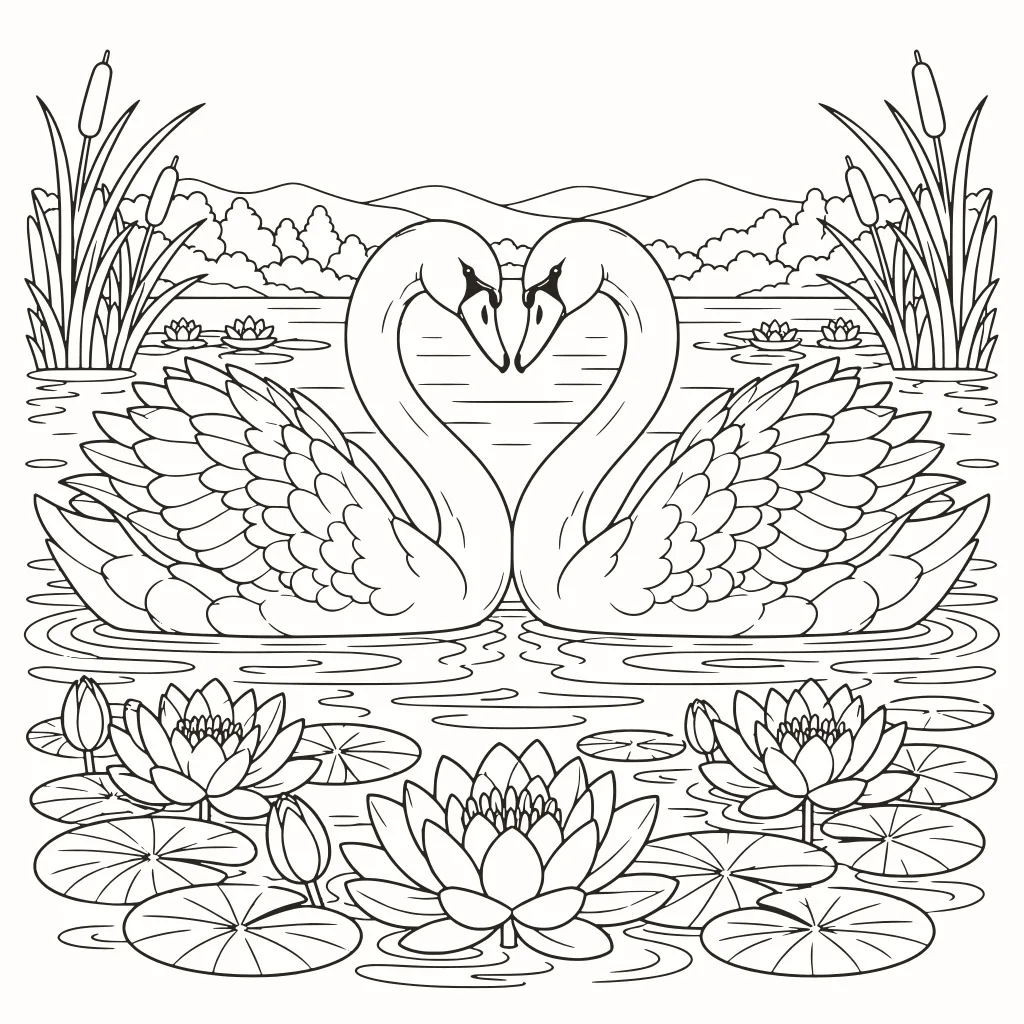 Coloriage cygnes sur le lac, dessin au trait à imprimer