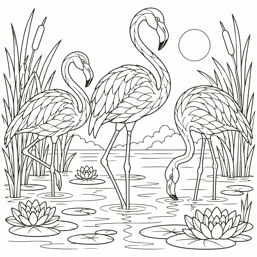 Pink flamingos coloring page, line art to print