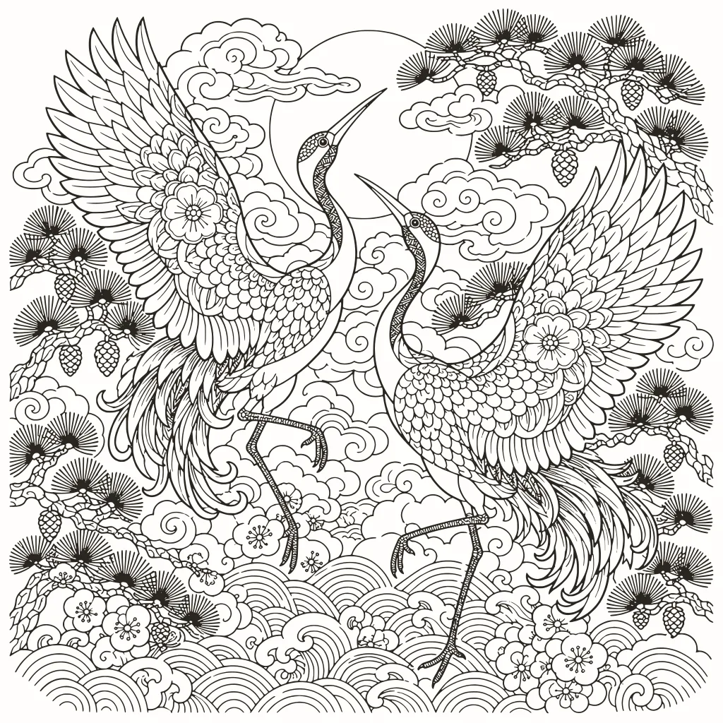Coloriage grues japonaises, dessin au trait à imprimer