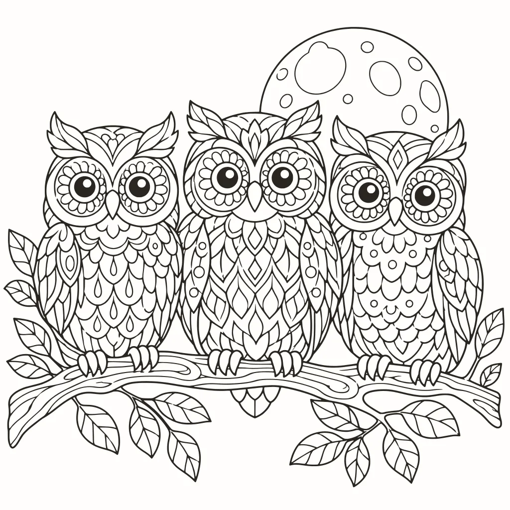 Owls on a branch coloring page, line art to print