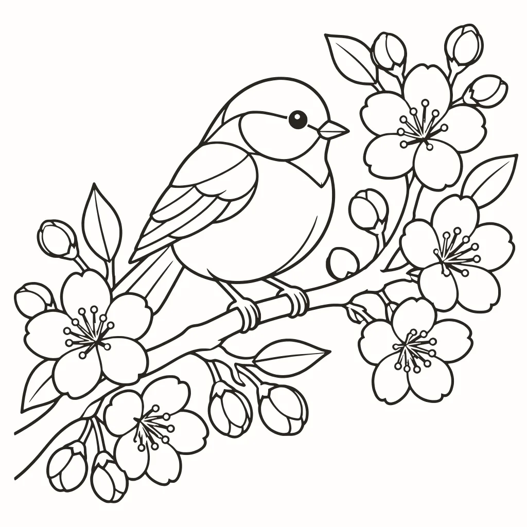 Coloriage mésange sur sa branche, dessin au trait à imprimer