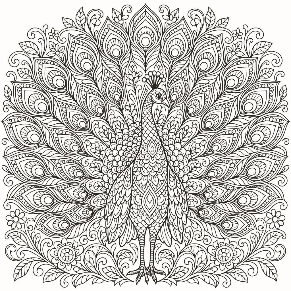 Ausmalbild Prächtiger Pfau, Linienzeichnung zum Ausdrucken