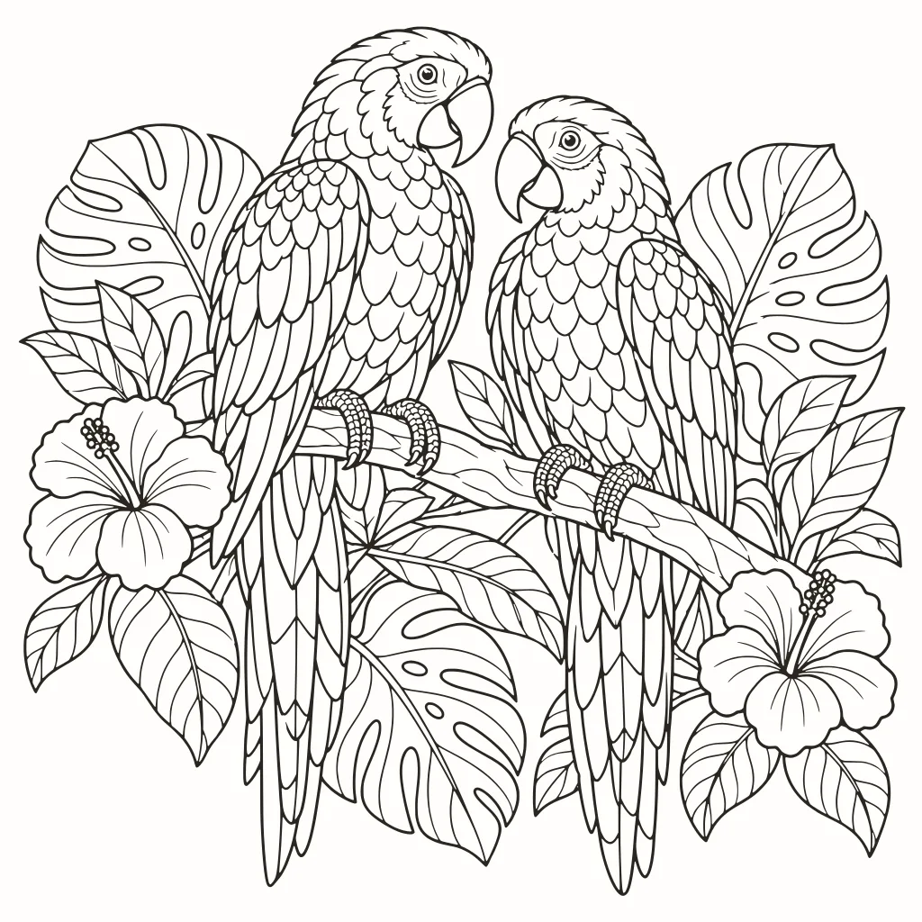 Parrots coloring page, line art to print
