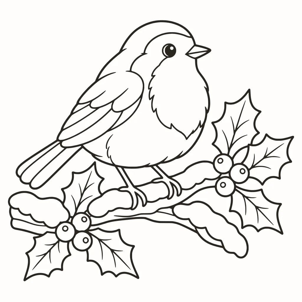 Robin in winter coloring page, line art to print