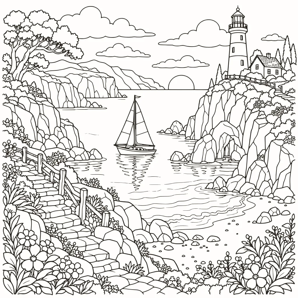 Coloriage bord de mer, dessin au trait à imprimer