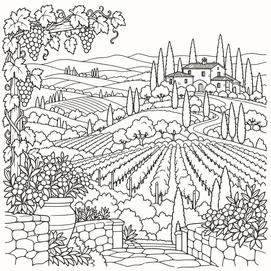 Ausmalbild Toskanische Landschaft, Linienzeichnung zum Ausdrucken