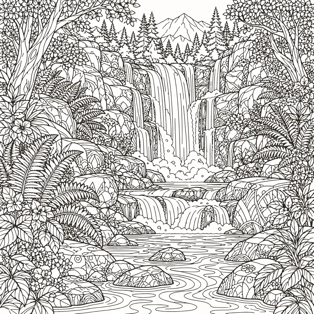 Cascada para colorear, dibujo de líneas para imprimir