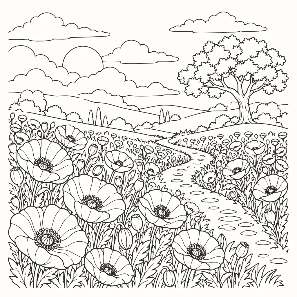 Campo di papaveri da colorare, disegno al tratto da stampare