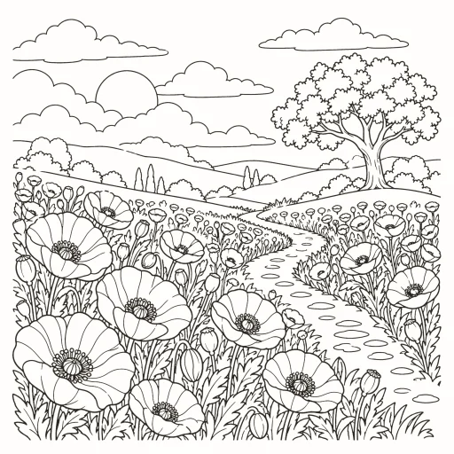 Coloriage Champ de coquelicots