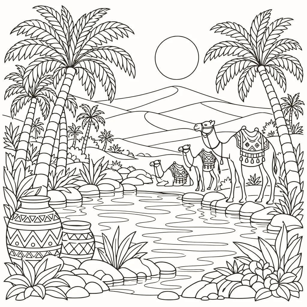 Coloriage oasis du désert, dessin au trait à imprimer