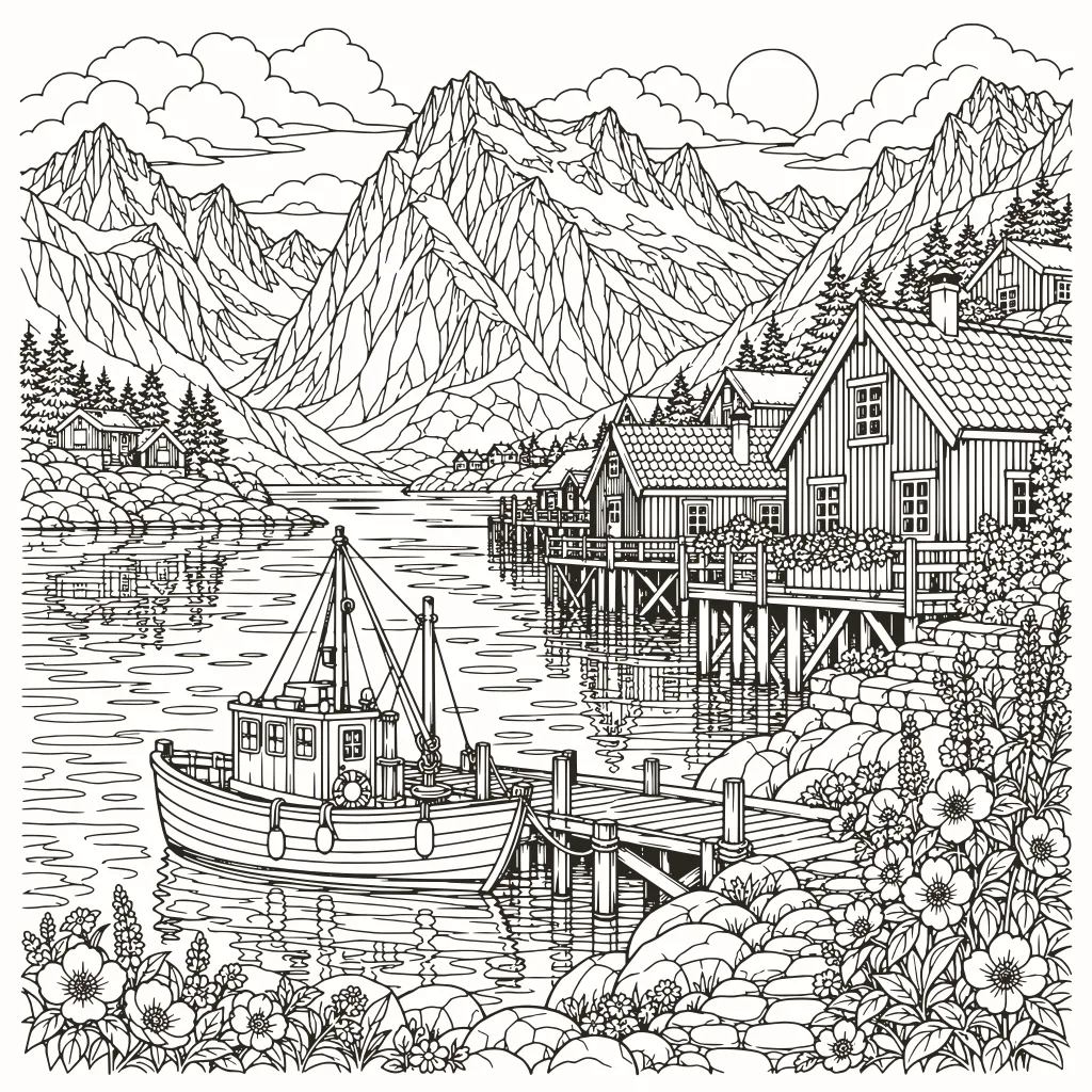 Coloriage fjord, dessin au trait à imprimer