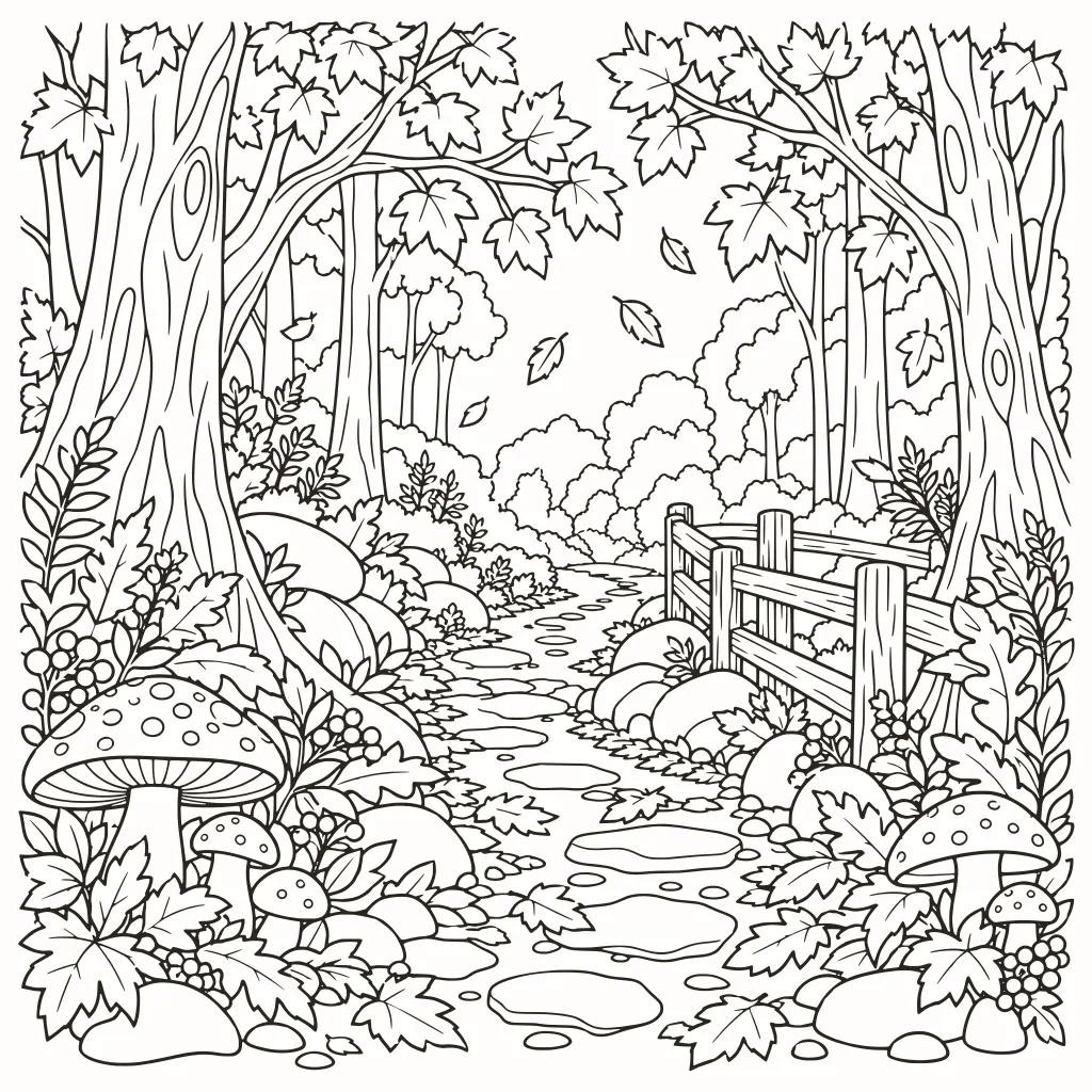 Bosque otoñal para colorear, dibujo de líneas para imprimir