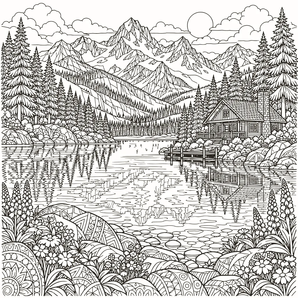 Coloriage lac de montagne, dessin au trait à imprimer