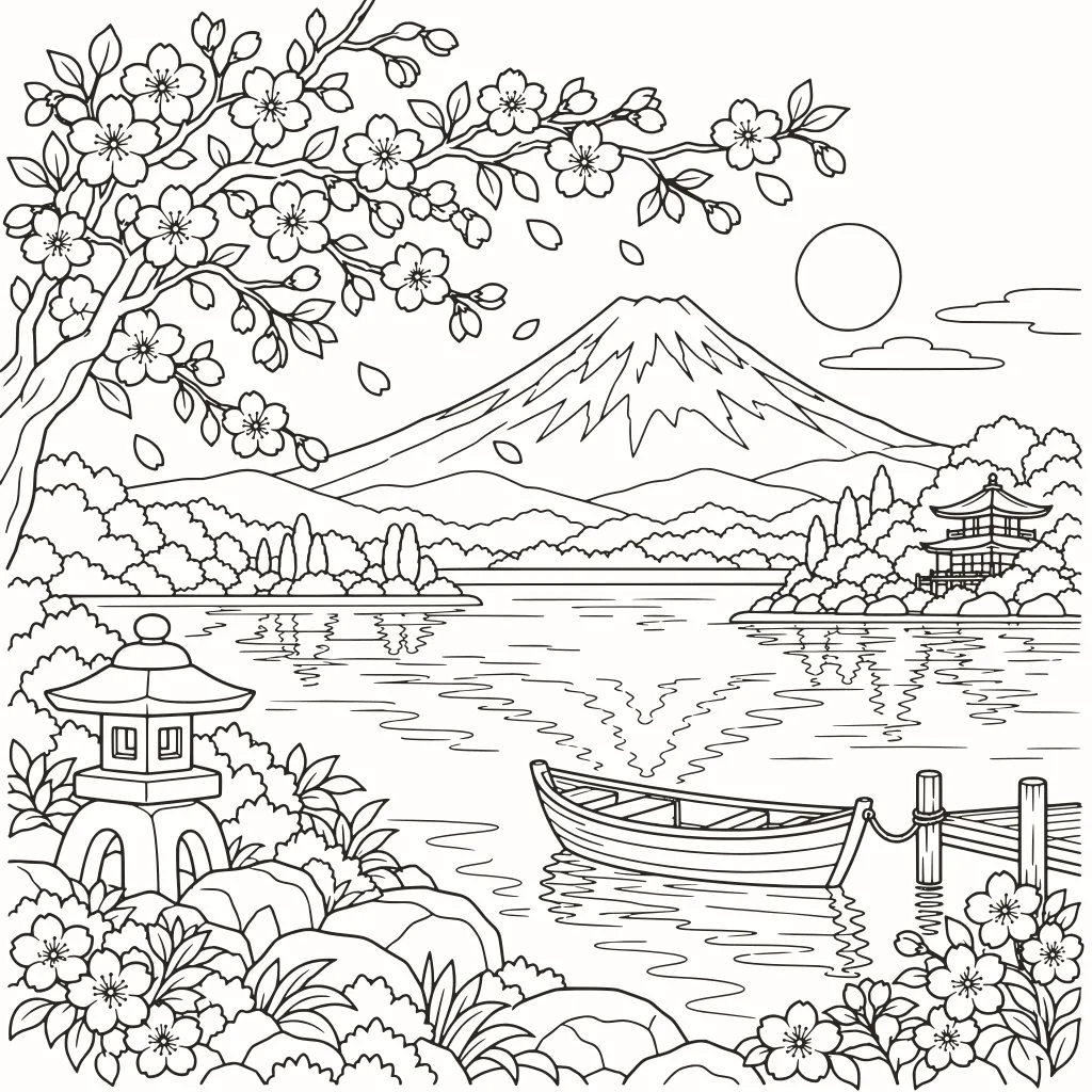 Monte Fuji da colorare, disegno al tratto da stampare