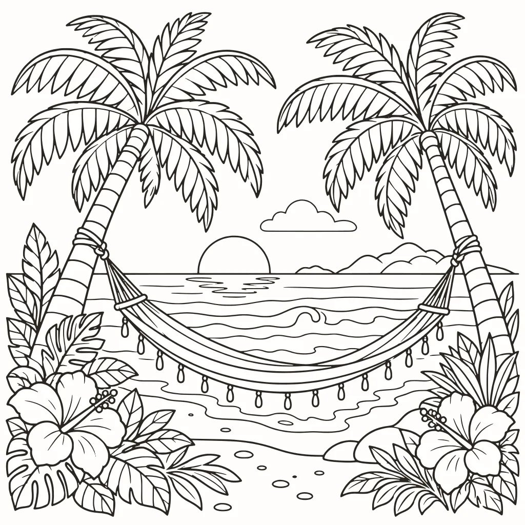 Coloriage plage tropicale, dessin au trait à imprimer