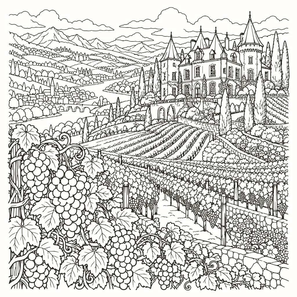 Coloriage vignoble, dessin au trait à imprimer