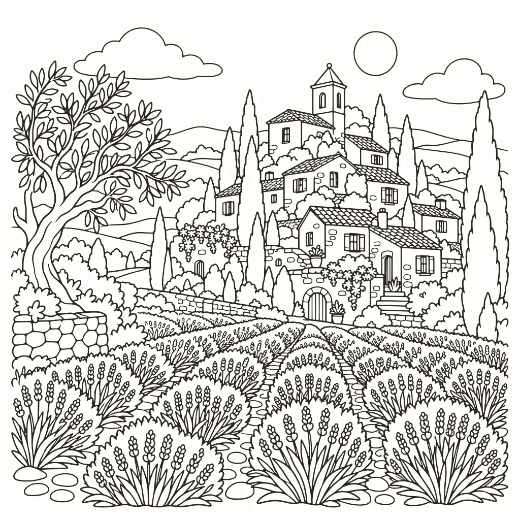 Coloriage village provençal, dessin au trait à imprimer