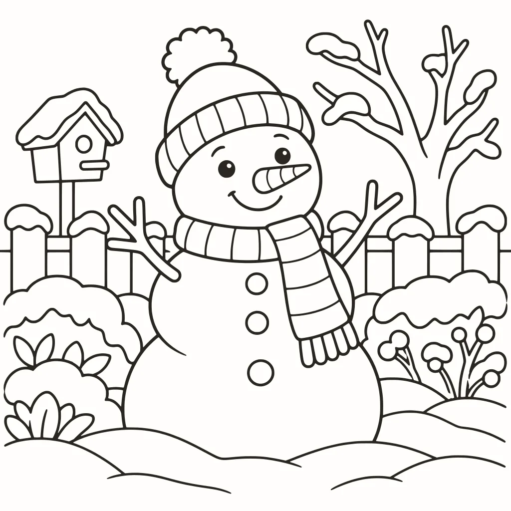 Muñeco de nieve para colorear, dibujo de líneas para imprimir