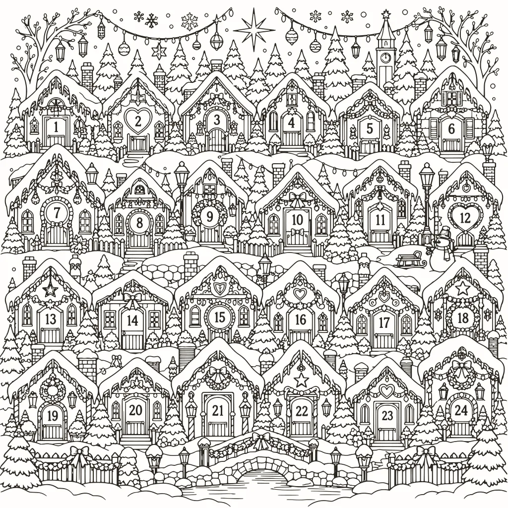 Pueblo de Adviento para colorear, dibujo de líneas para imprimir