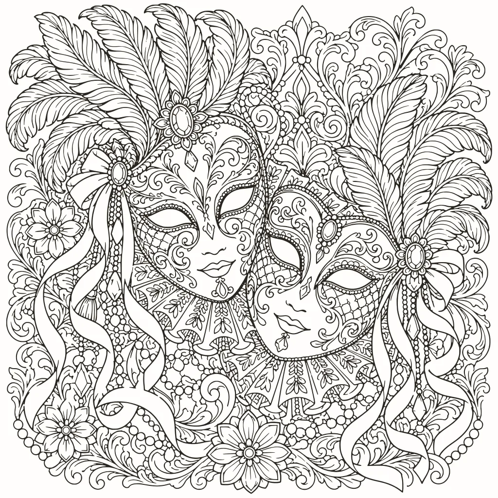 Coloriage masques de carnaval, dessin au trait à imprimer