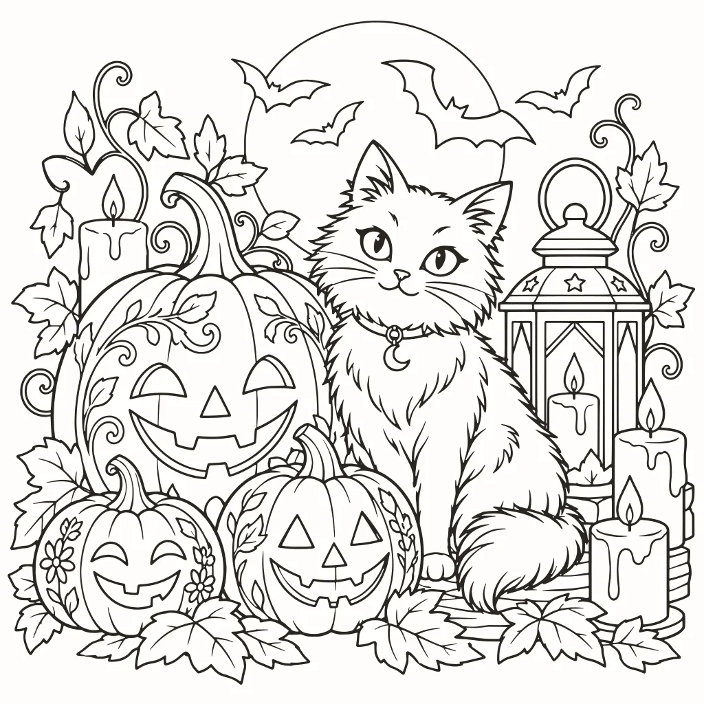 Halloween pumpkins coloring page, line art to print