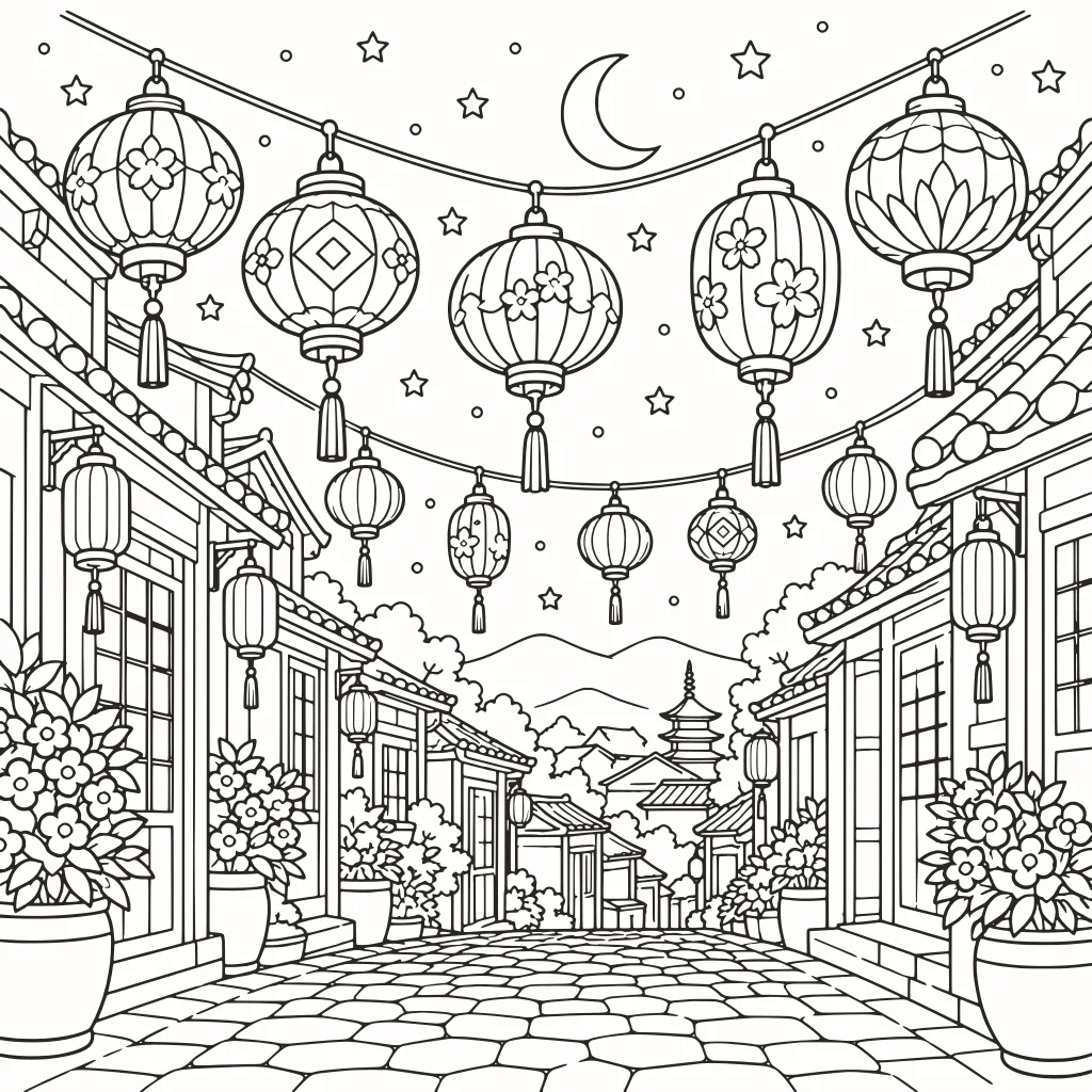 Coloriage fête des lanternes, dessin au trait à imprimer