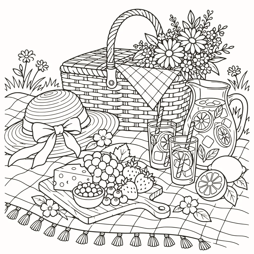 Coloriage pique-nique d'été, dessin au trait à imprimer