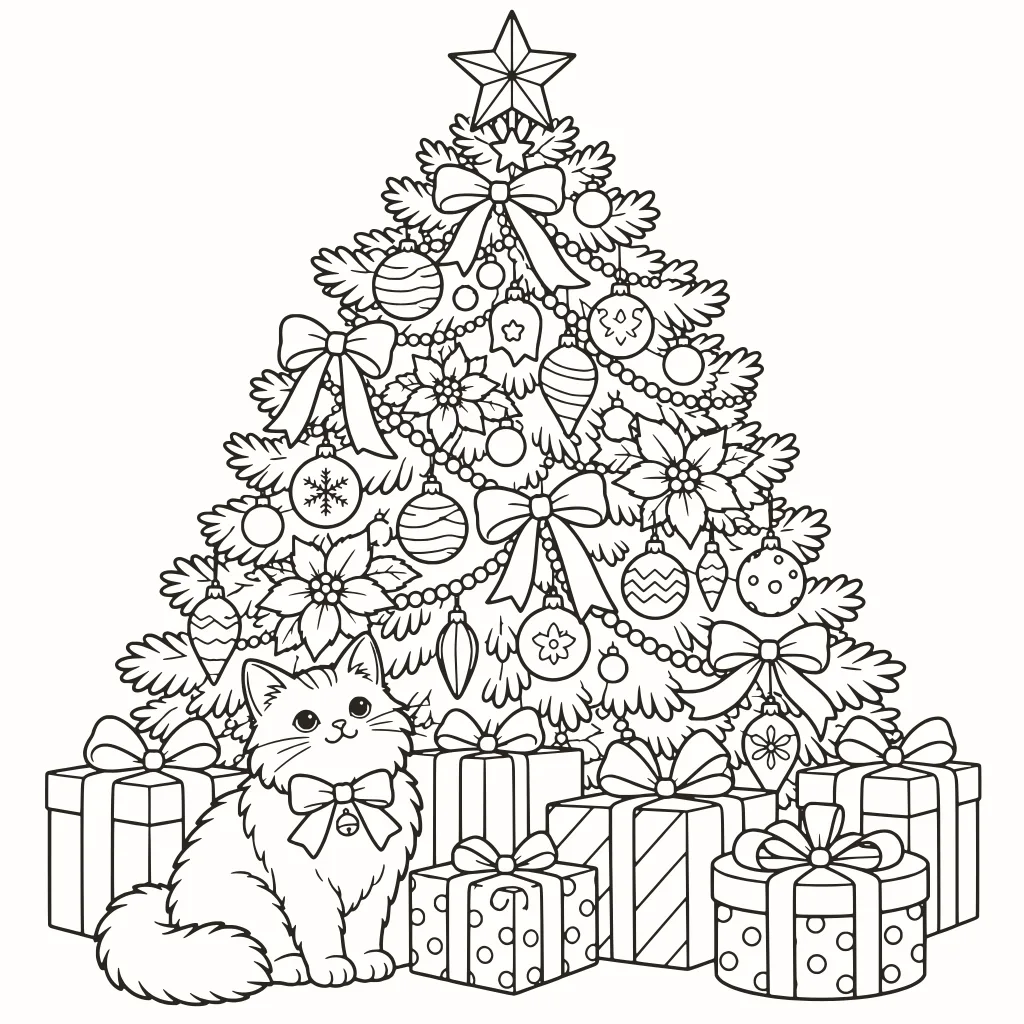 Árbol de Navidad para colorear, dibujo de líneas para imprimir