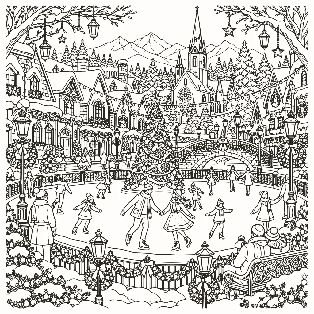 Snowy village coloring page, line art to print