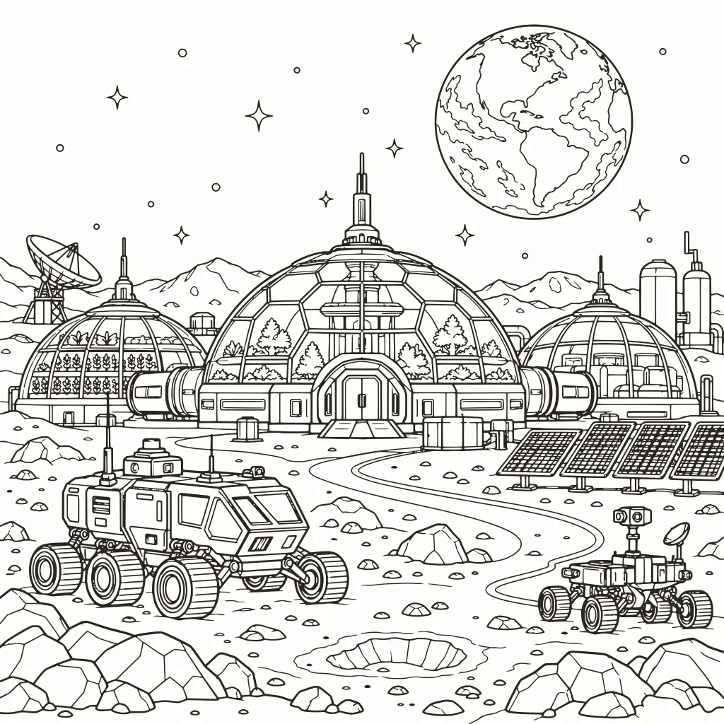 Moon base coloring page, line art to print