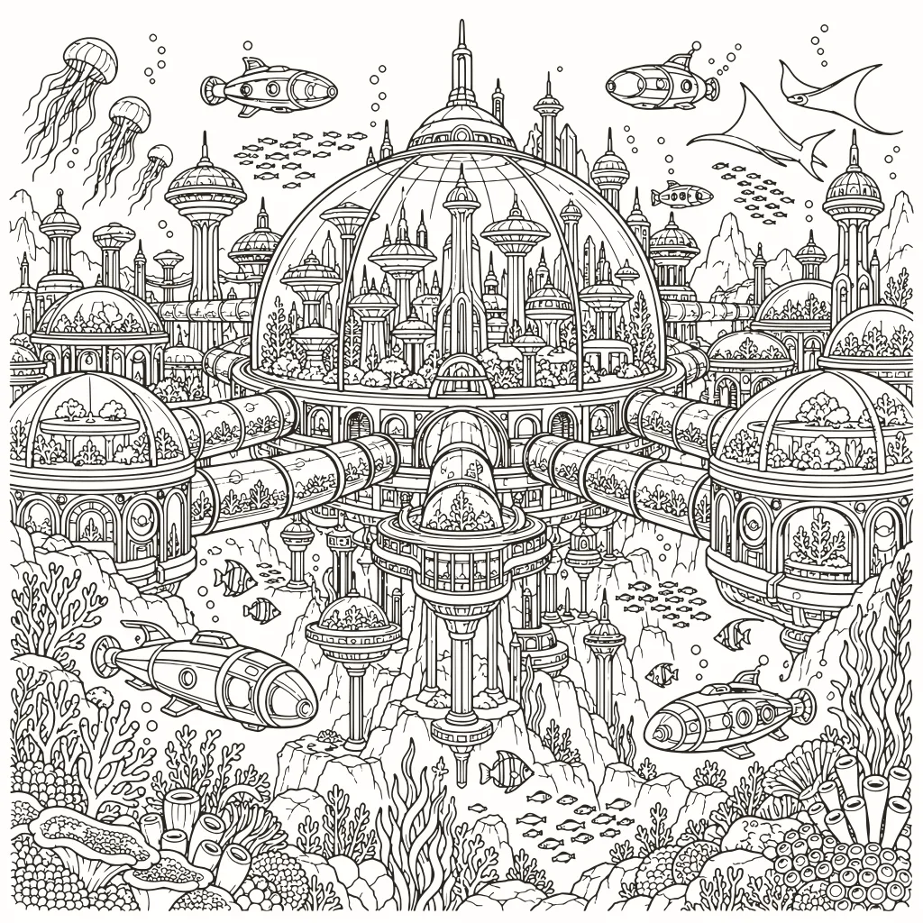 Ausmalbild Unterwasserstadt, Linienzeichnung zum Ausdrucken