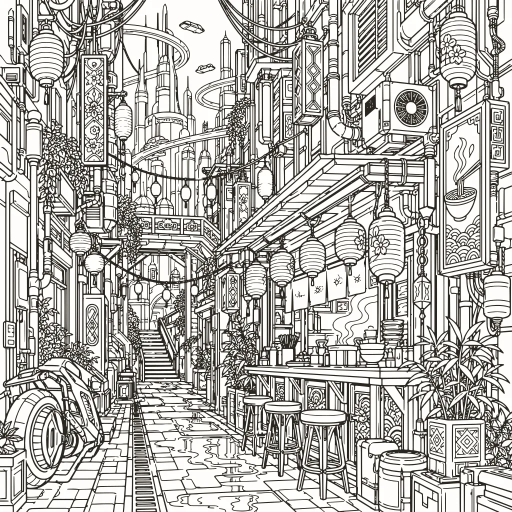 Coloriage ruelle néon, dessin au trait à imprimer