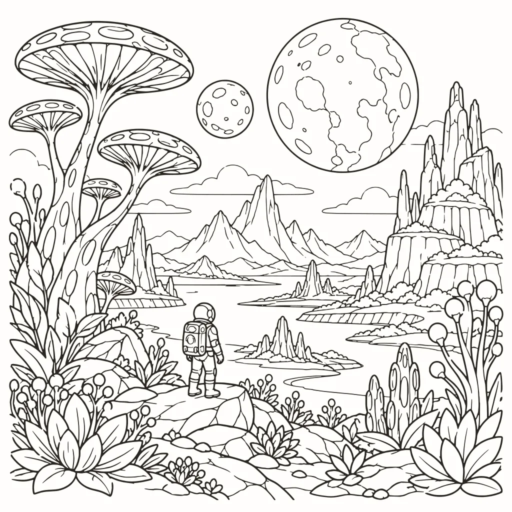 Coloriage planète inconnue, dessin au trait à imprimer